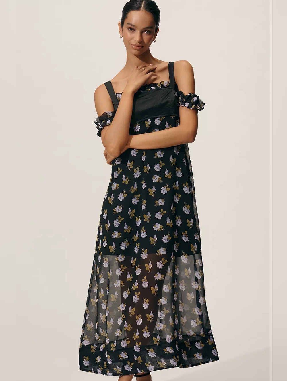 NWT Anthrolologie Maeve Square-Neck Sheer Floral Midi Dress Size XXS